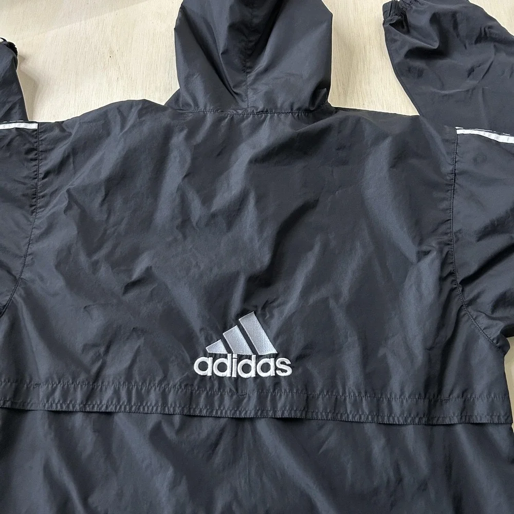 Vintage Adidas Windbreaker Jacket Mens XL Black Hooded 1/4 Zip Pullover Running